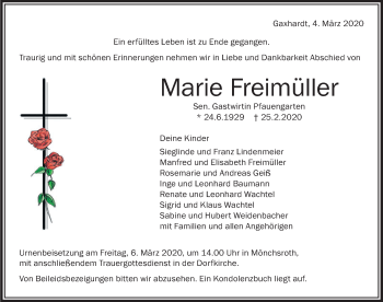 Traueranzeige von Marie Freimüller von Dinkelsbühl/ Feuchtwangen