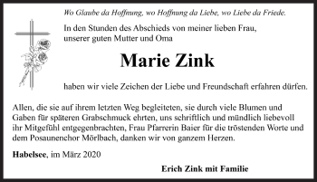 Traueranzeige von Marie Zink von Rothenburg