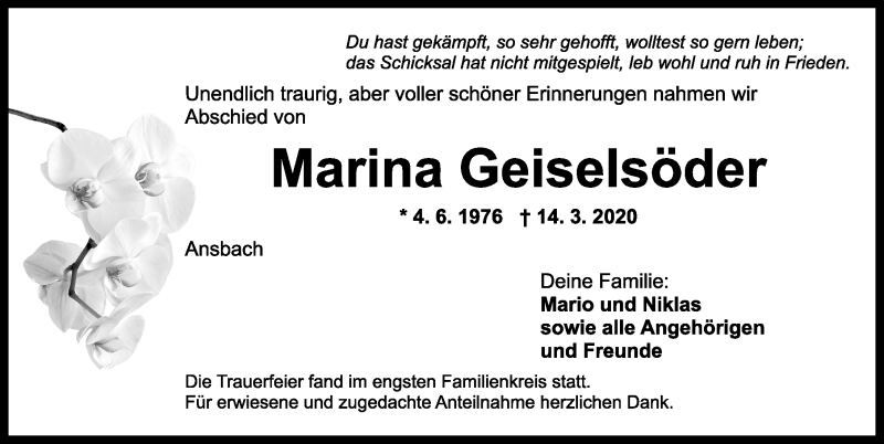  Traueranzeige für Marina Geiselsöder vom 21.03.2020 aus Ansbach