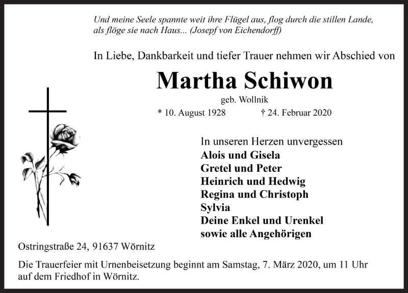  Traueranzeige für Martha Schiwon vom 04.03.2020 aus Rothenburg