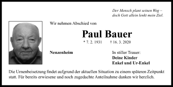 Traueranzeige von Paul Bauer von Neustadt/ Scheinfeld/ Uffenheim