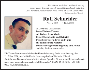 Traueranzeige von Ralf Schneider von Neustadt/ Scheinfeld/ Uffenheim