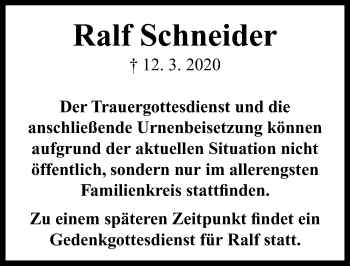 Traueranzeige von Ralf Schneider von Neustadt/ Scheinfeld/ Uffenheim