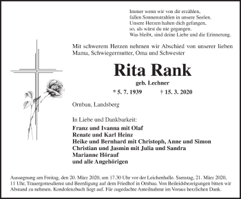 Traueranzeige von Rita Rank von Ansbach