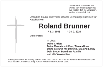 Traueranzeige von Roland Brunner von Ansbach