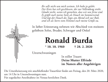 Traueranzeige von Ronald Burda von Dinkelsbühl/ Feuchtwangen