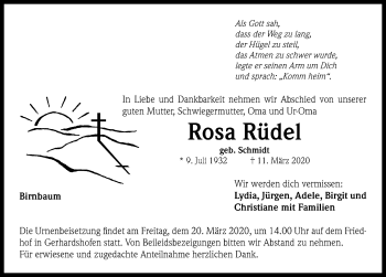 Traueranzeige von Rosa Rüdel von Neustadt/ Scheinfeld/ Uffenheim