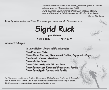 Traueranzeige von Sigrid Ruck von Dinkelsbühl/ Feuchtwangen