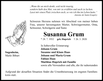 Traueranzeige von Susanna Grum von Neustadt/ Scheinfeld/ Uffenheim