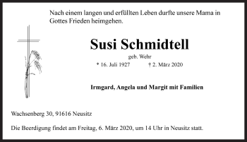 Traueranzeige von Susi Schmidtell von Rothenburg