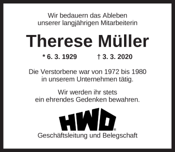 Traueranzeige von Therese Müller von Dinkelsbühl/ Feuchtwangen