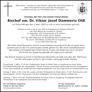 Traueranzeige von Viktor Josef Dammertz von Dinkelsbühl/ Feuchtwangen