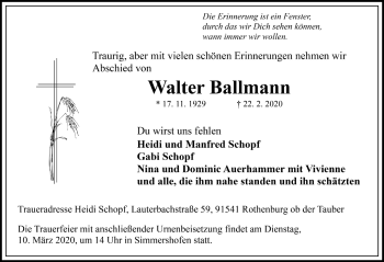 Traueranzeige von Walter Ballmann von Rothenburg