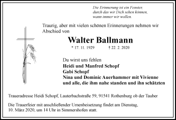 Traueranzeige von Walter Ballmann von Neustadt/ Scheinfeld/ Uffenheim