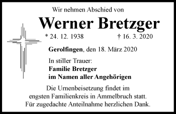 Traueranzeige von Werner Bretzger von Dinkelsbühl/ Feuchtwangen