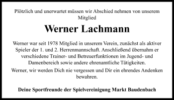 Traueranzeige von Werner Lachmann von Neustadt/ Scheinfeld/ Uffenheim