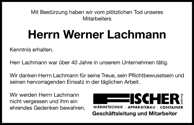  Traueranzeige für Werner Lachmann vom 18.03.2020 aus Neustadt/ Scheinfeld/ Uffenheim