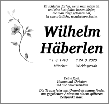 Traueranzeige von Wilhelm Häberlen von Ansbach