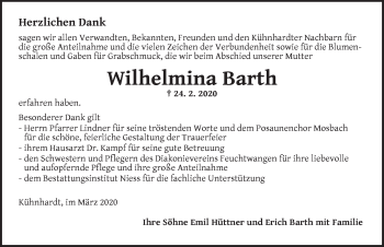 Traueranzeige von Wilhelmina Barth von Dinkelsbühl/ Feuchtwangen