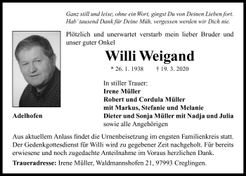 Traueranzeige von Willi Weigand von Neustadt/ Scheinfeld/ Uffenheim