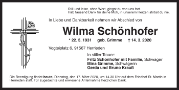 Traueranzeige von Wilma Schönhofer von Ansbach