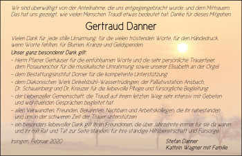 Traueranzeige von Gertraud Danner von Dinkelsbühl/ Feuchtwangen