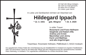 Traueranzeige von Hildegard Ippach von Ansbach