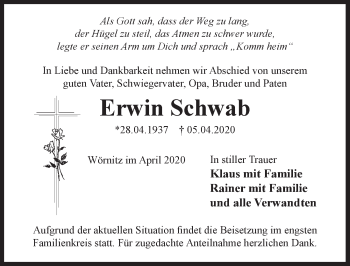 Traueranzeige von Erwin Schwab von ROTHENBURG