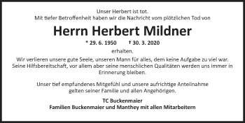 Traueranzeige von Herbert Mildner von Ansbach