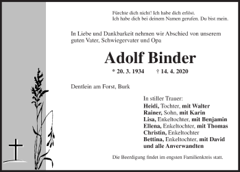 Traueranzeige von Adolf Binder von Dinkelsbühl/ Feuchtwangen