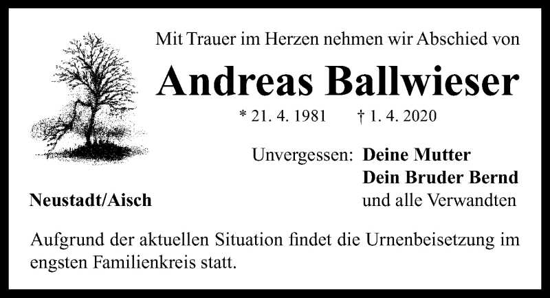  Traueranzeige für Andreas Ballwieser vom 04.04.2020 aus Neustadt/ Scheinfeld/ Uffenheim