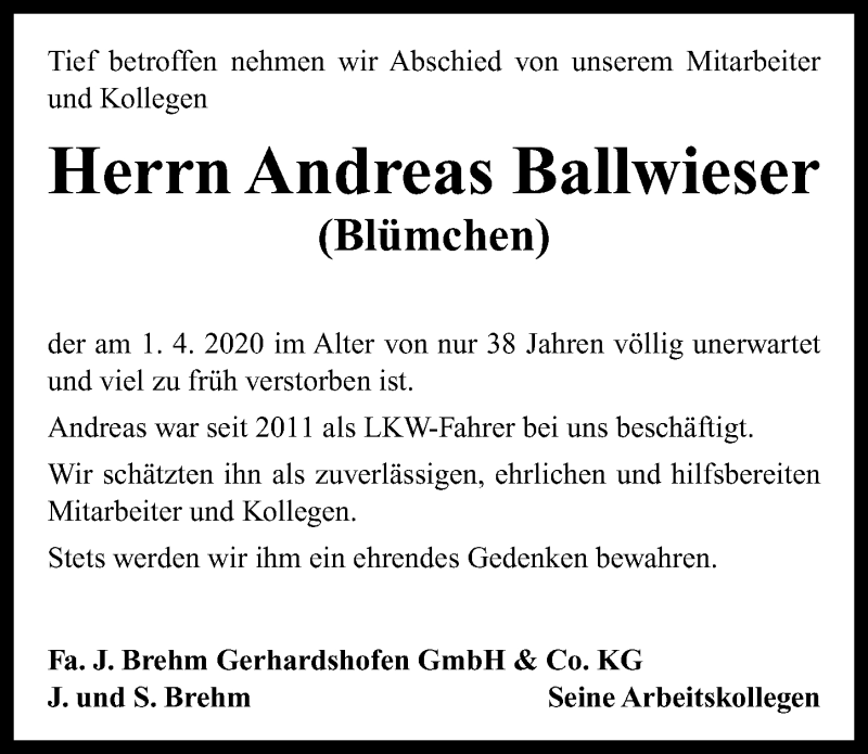  Traueranzeige für Andreas Ballwieser vom 08.04.2020 aus Neustadt/ Scheinfeld/ Uffenheim