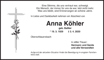 Traueranzeige von Anna Köhler von Ansbach