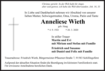 Traueranzeige von Anneliese Wieth von Rothenburg