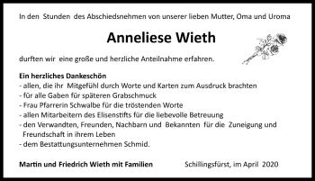 Traueranzeige von Anneliese Wieth von Rothenburg