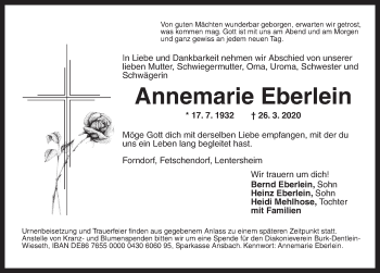 Traueranzeige von Annemarie Eberlein von Dinkelsbühl/ Feuchtwangen