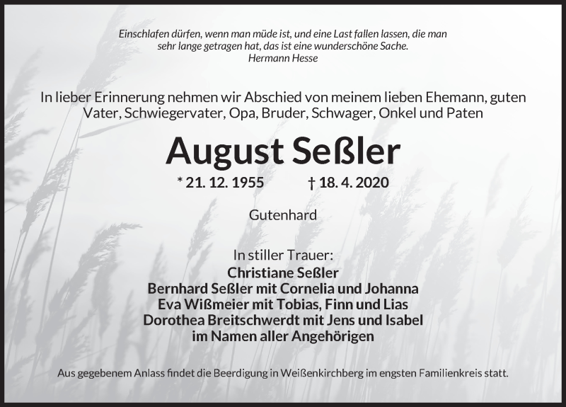  Traueranzeige für August Seßler vom 21.04.2020 aus Ansbach