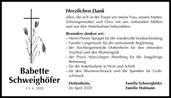 Traueranzeige von Babette Schweighöfer von Neustadt/ Scheinfeld/ Uffenheim