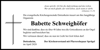 Traueranzeige von Babette Schweighöfer von Neustadt/ Scheinfeld/ Uffenheim