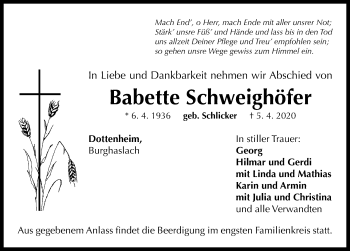 Traueranzeige von Babette Schweighöfer von Neustadt/ Scheinfeld/ Uffenheim