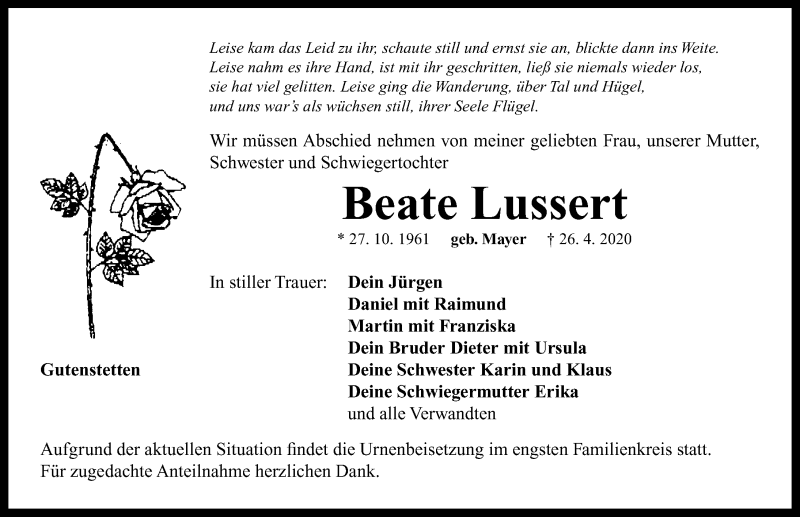  Traueranzeige für Beate Lussert vom 29.04.2020 aus Neustadt/ Scheinfeld/ Uffenheim