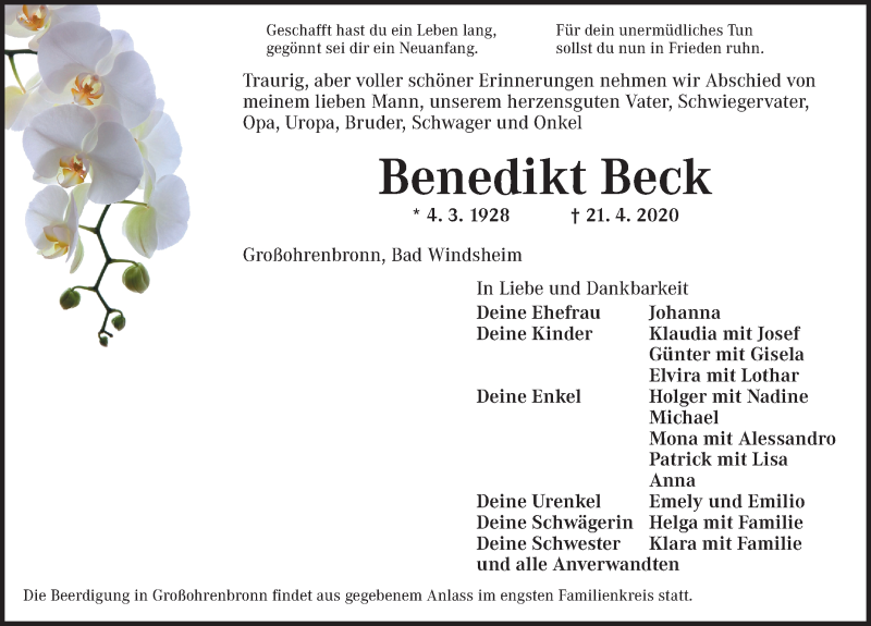  Traueranzeige für Benedikt Beck vom 25.04.2020 aus Dinkelsbühl/ Feuchtwangen
