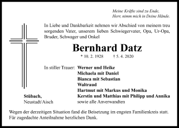 Traueranzeige von Bernhard Datz von Neustadt/ Scheinfeld/ Uffenheim