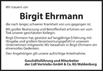 Traueranzeige von Birgit Ehrmann von Dinkelsbühl/ Feuchtwangen