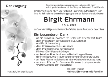 Traueranzeige von Birgit Ehrmann von Dinkelsbühl/ Feuchtwangen