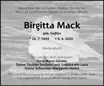 Traueranzeige von Birgitta Mack von Ansbach