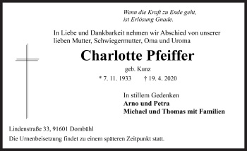 Traueranzeige von Charlotte Pfeiffer von Rothenburg