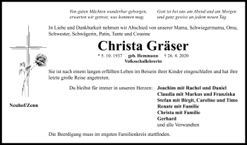 Traueranzeige von Christa Gräser von Neustadt/ Scheinfeld/ Uffenheim