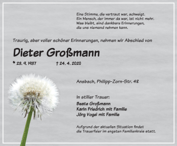 Traueranzeige von Dieter Großmann von Ansbach