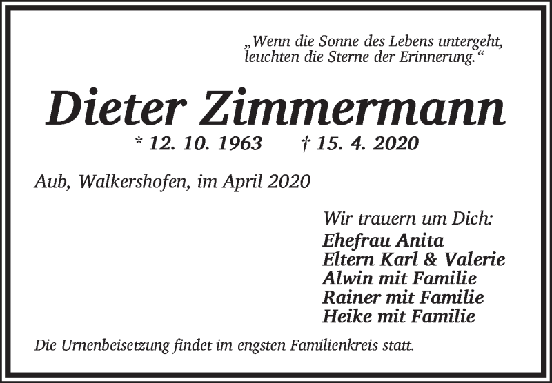  Traueranzeige für Dieter Zimmermann vom 25.04.2020 aus Gesamtausgabe